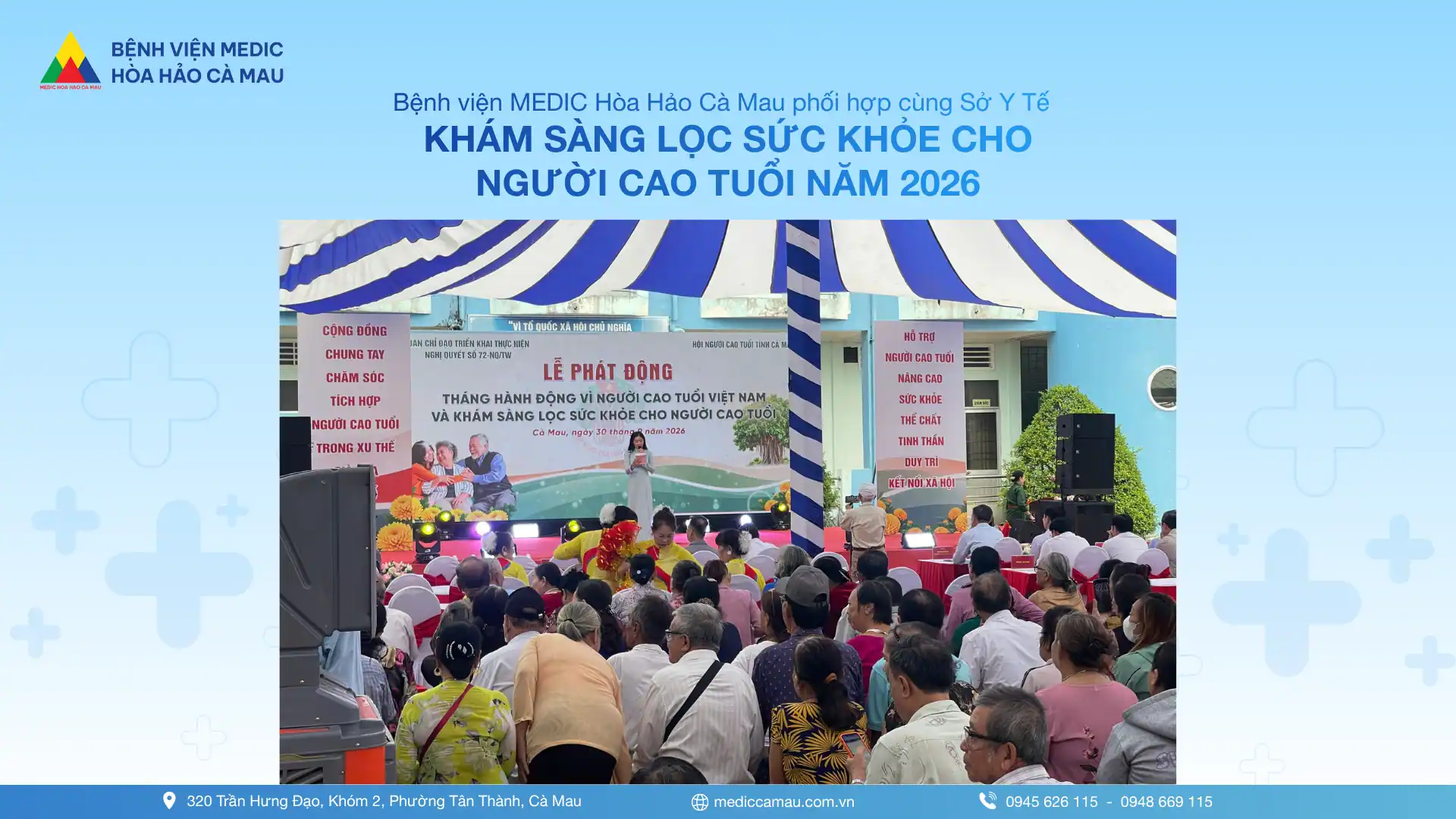 Đông đảo người cao tuổi đến tham gia buổi khám sàng lọc sức khỏe.